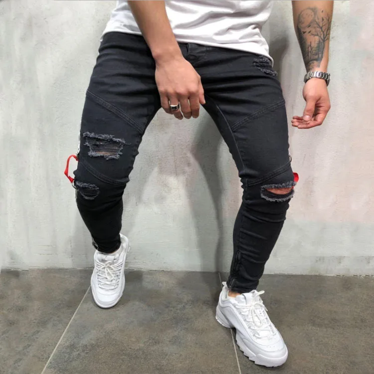 

New men Biker jeans Hole Feet trousers black Feet zipper Side stripe fashion elastic ripped Slim fit High quality jeans, Picture color
