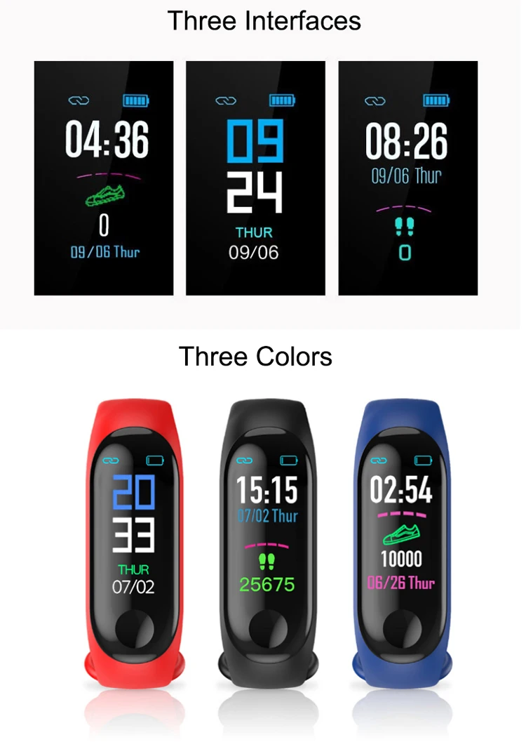 2019 Hot Sale Fitness Band Colorscreen Smart Bracelet M3 Band 3 Smart