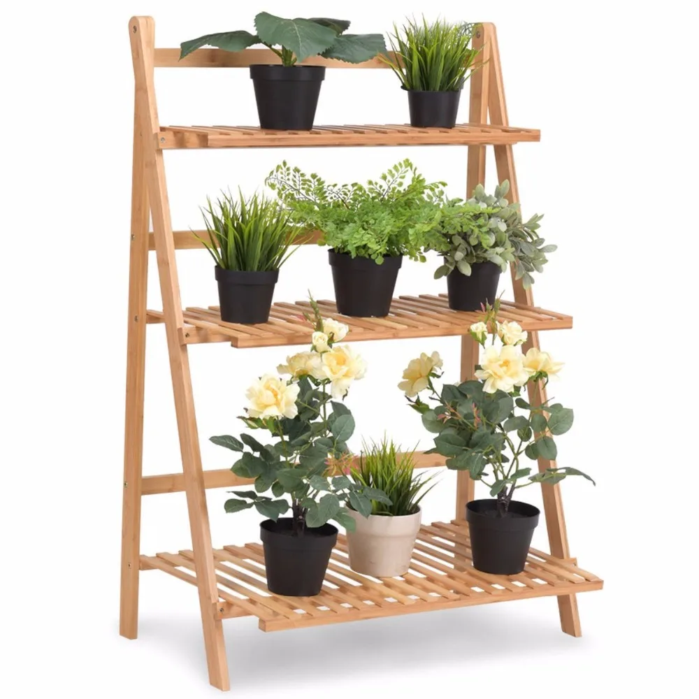 

Foldable flower wooden Plant Stand shelf for Outdoor or Greenhouse Pots, Natural