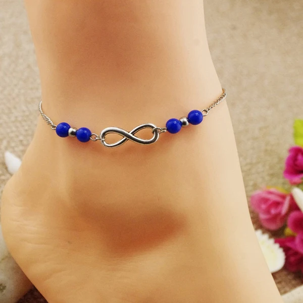 

Wholesale Ankle Bracelet for Women Sandals Beach Foot Jewelry Anklet Infinity Barefoot Chain, Silver chain, sapphire blue beads