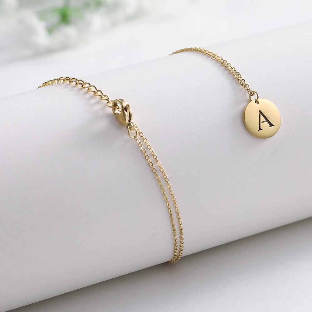 

18k Gold 26 Letters Stainless Steel Jewelry Necklace Coins Dropshipping, Steel color,can custom color