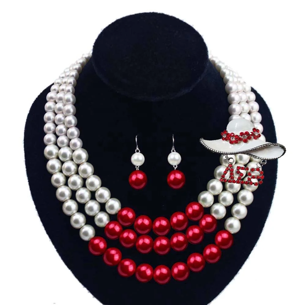 

Greek Sorority Delta Sigma Theta Symbol Red White Crystal Pearl Jewelry Multilayered Choker Necklaces, Picture