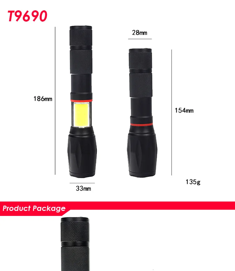 2 IN 1(XPE+COB) Rechargeable Zoomable Flashlight(250m beam). Removable 18650 Battery. AAA batteries Compatible 10 T9690 tv zoomable magnet xml t6 cob led flashlight