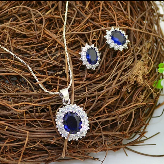 

Fashion Luxury Blue Sapphire Earring Necklace Ocean Heart Jewelry Set, Ss silver,925 silver,gold.rose gold plated