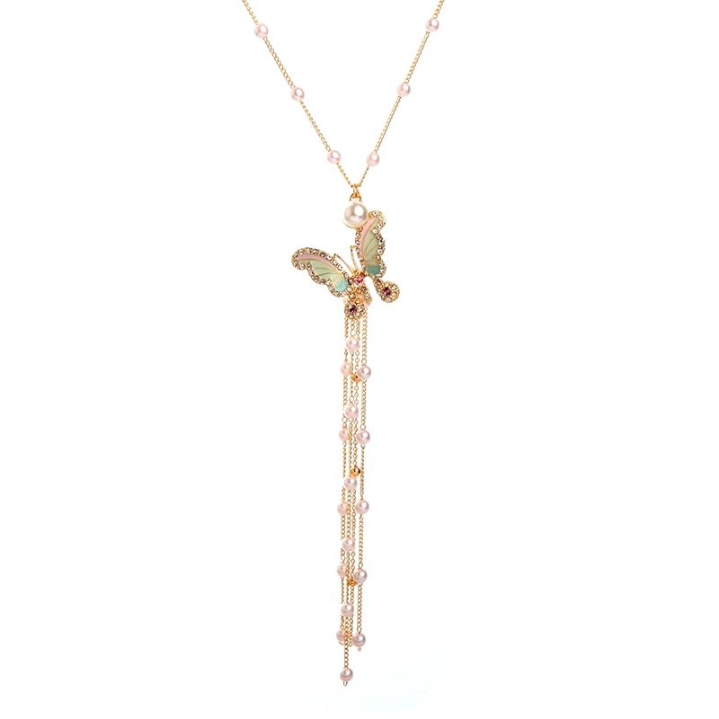 

xl01783d Colorful Enamel diamond-inlaid Butterfly Long Metal Tassel Pearl Necklace Women 2021, As picture