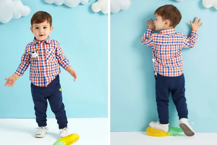 Cartoon printed kids boys shirts long sleeve fashion plaid shirts for children