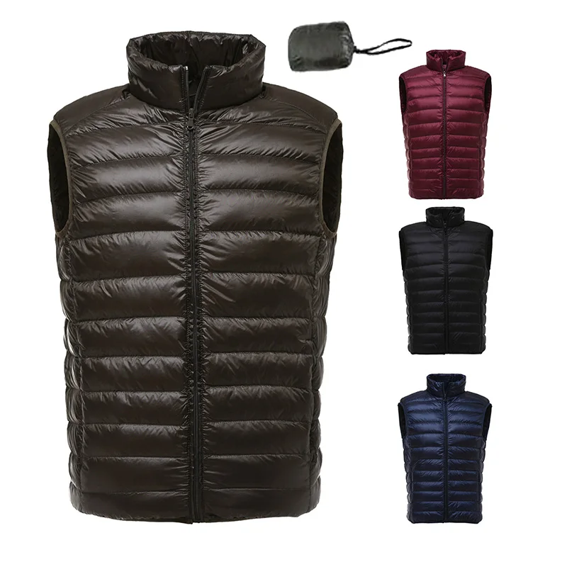 

Custom Logo Sleeveless Packable Mens Winter Duck Down Vest Jacket Lightweight Hood, As shown