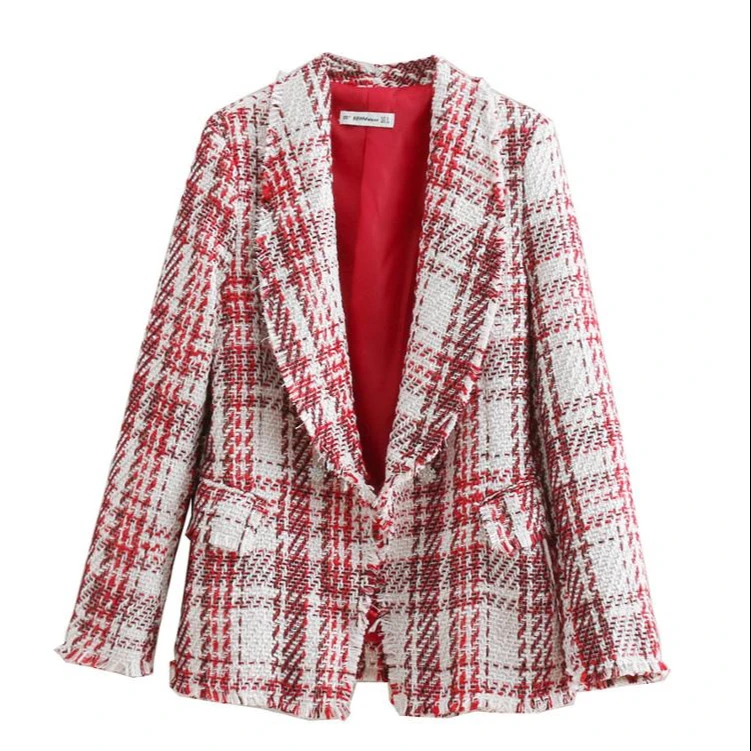 

2019 autumn new design red white plaid tweed ladies double breasted blazer jackets for women