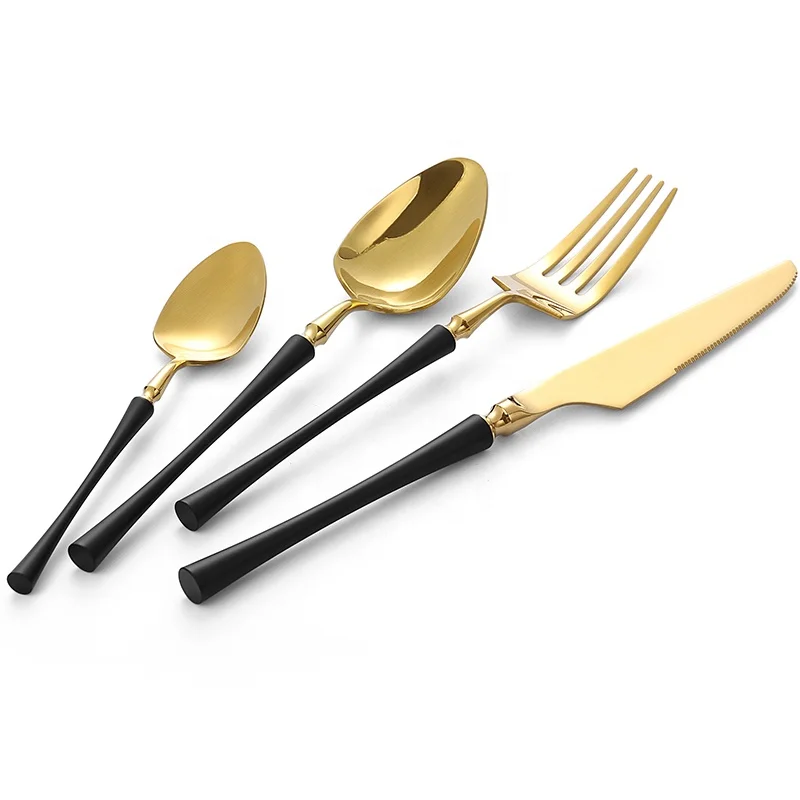 

Luxury Stainless Steel Reusable Spoon Fork And Knife Set Metal Gold Plated Flatware Black Stainless Steel Cutlery