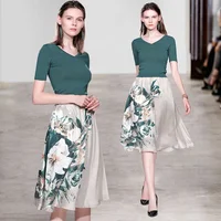 

2019 New Fashion Vintage V Neck Print Chiffon Skirt Two Piece Set Women Dress