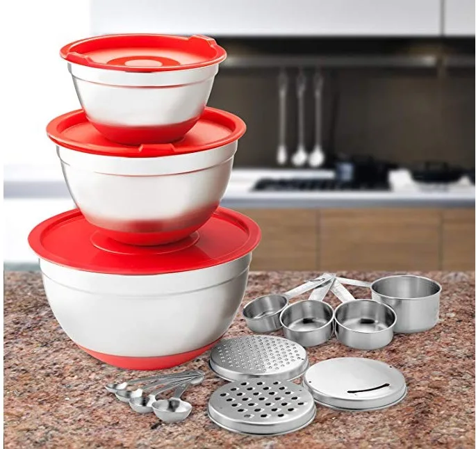 3pc Salad Bowl Stainless Steel Mixing Bowl With Grater Measuring Cup