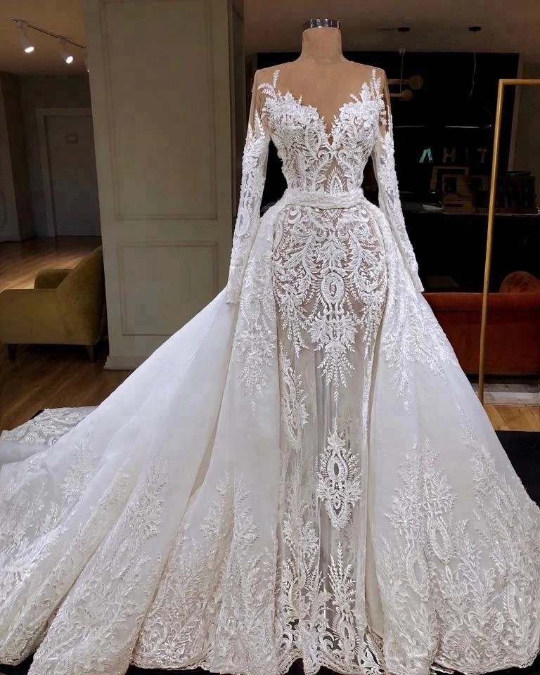 

L12622 Bridal Gown Mermaid Wedding Dresses Long Sleeves Overskirt 2019 Wedding Dress