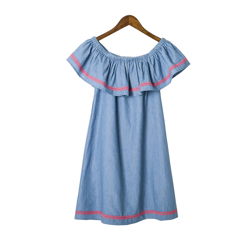 

Guangzhou Clothing Simplee Slash Neck Ruffle Denim A-Line Bubble Girl Dress Women Wear Mini Skirt, Blue
