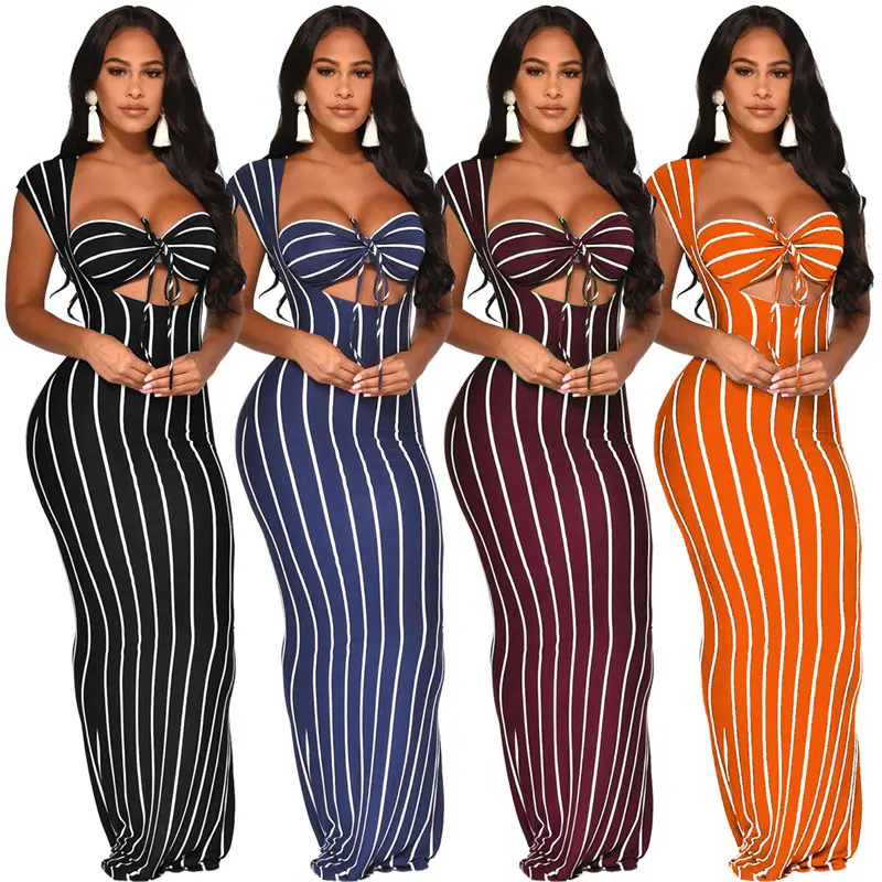 

90702-MX100 Hot sale 4 colors long maxi sleeveless stripe dress in stock