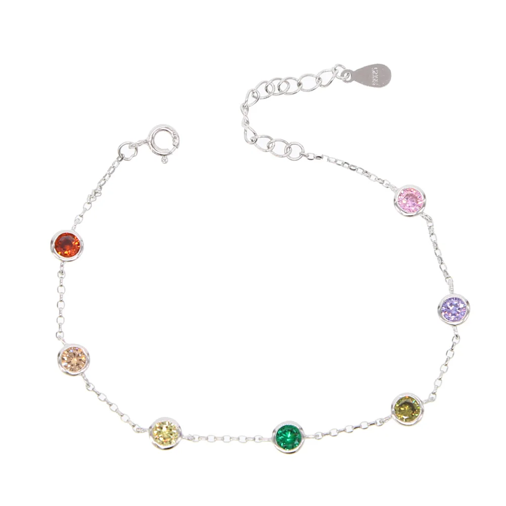 

2021 high quality rose gold micro pave colorful high quality bezel setting cz chain fashion rainbow bracelet