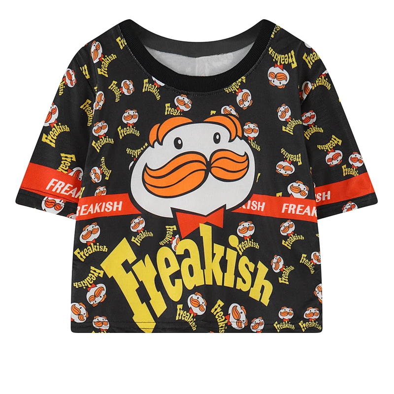 

Wholesale custom cute cartoon cropped black women's t shirt printing