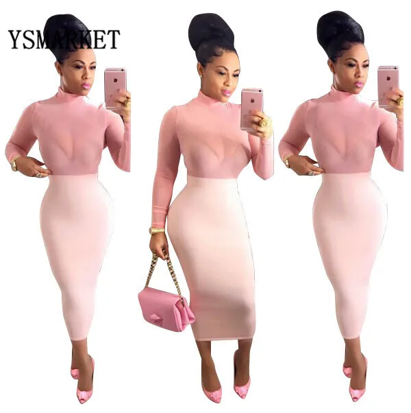 

Fashion Autumn Women Mesh Bodycon Dress Sexy See Through Turtleneck Long Sleeve Pencil Dress For Party E86015