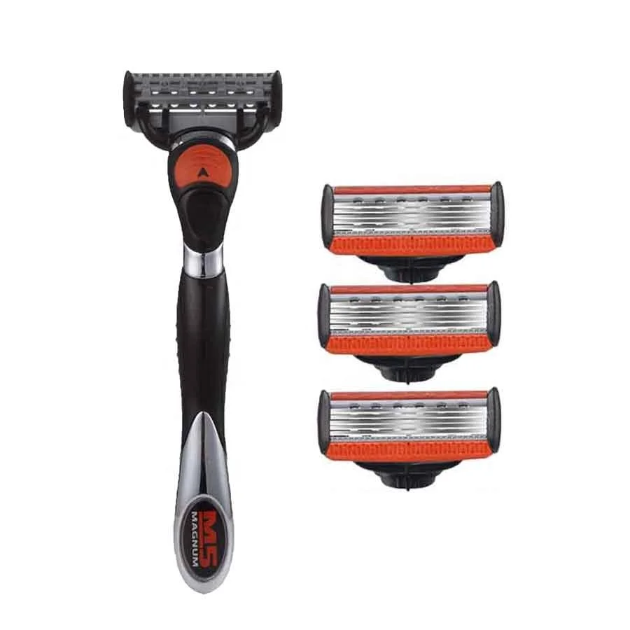 

One Metal Handle With 4 Pcs Razor Cartridge 5 Blade Razor Cartridge For Men's Shaving, Orange