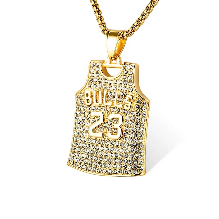 

Marlary Men Jewelry Gold Plated Stainless Steel Zircon Iced Out Bulls Basket Ball Number 23 Pendant Necklace