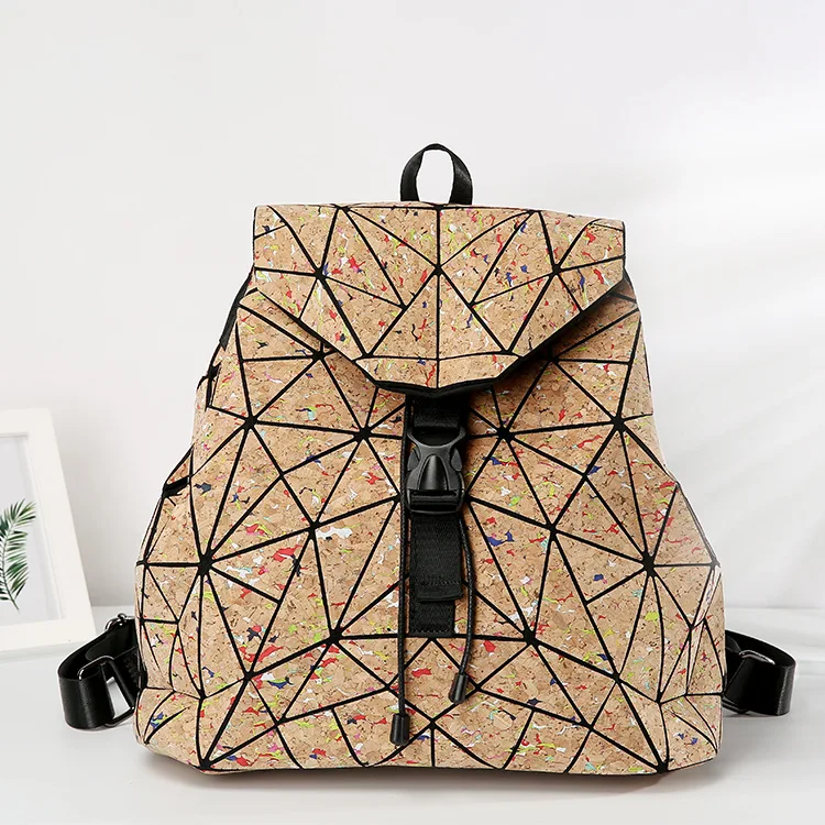 

BULA hot selling Geometric Plaid Vegan School Backpacks PU Leather Bag Holographic Cork Women Backpack, Black, silver, white, red, rose, blue