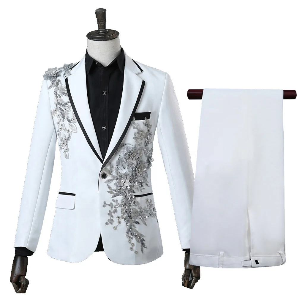 

In-Stock Solid Marquetry Diamond Studded Sequins Stage Flap Pocket 2 pieces Men Suit, Black;red;blue;white