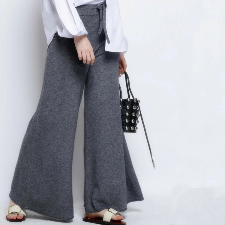 Tong Sheng Women 100% Pure Cashmere Pants High Waisted Knitted Wide Leg ...