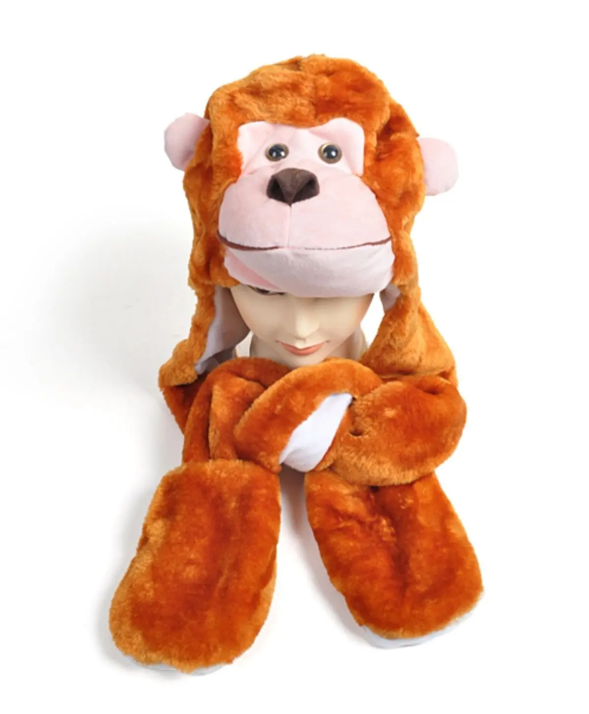 Plush Animal Winter Hats with Paws, Long Mittens - Many Different Animals, Monkey