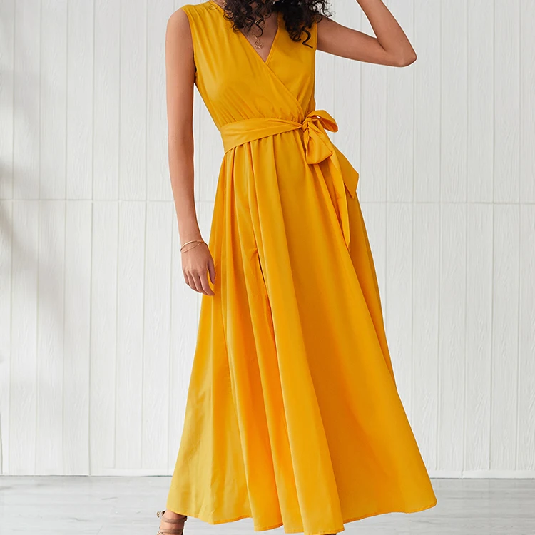 

Attractive v neck yellow solid color women dress simple design sleeveless casual slim fit