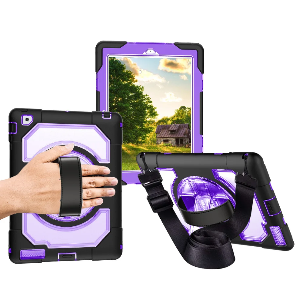 

For iPad 2 3 4 impact defender 3 in 1 hybrid cover shockproof case with shoulder strap, Black;transparent;blue;rose red;purple;golden
