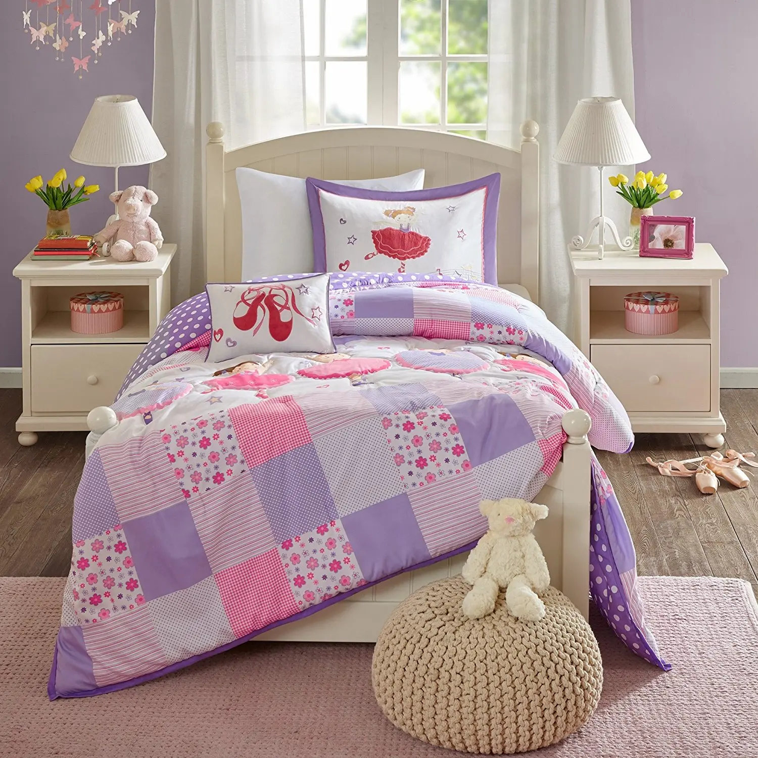 Buy 4 Piece Kids Lavender Pink White Dancers Ballet Shoes Comforter Set Full Queen Colorful Light Pink Purple Patchwork Stripes Floral Checkered Teen Themed Kids Bedding Reversible Polka Dot Polyester In Cheap