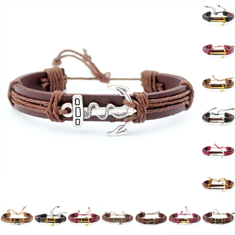 

Bulk Adjustable Nautical Anchor Charm Genuine Leather Men Bracelet, Silver plated