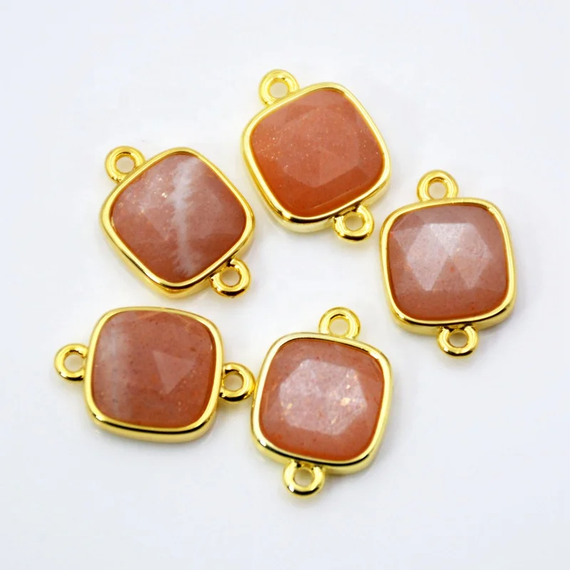 

Natural sun stone connector Faceted square Gemstone charms cute tiny jewelry gold plated findings double bail pendant, Orange sun stone