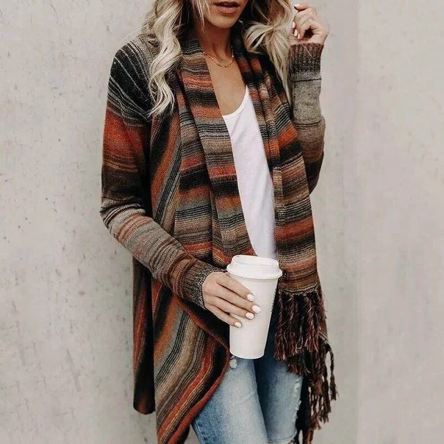 

Wholesale Winter Latest Stripe Diagonal Section Outwear Wrap Long Tassel Sweater Cardigan Women Coat, Orange black;gray;yellow stripes;orange stripes;orange gray