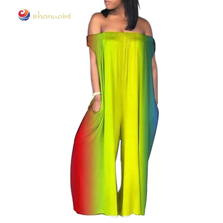 

Women's Jumpsuits Off The Shoulder Rainbow Print Loose Wide Leg Pants Jumpsuit Romper with Pockets S-XXXL