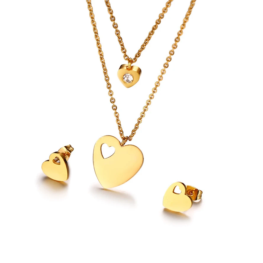 

2019 New Heart With Zircon Earring and Necklace Jewelry Set Gold Stainless Steel Layered Necklace For Women