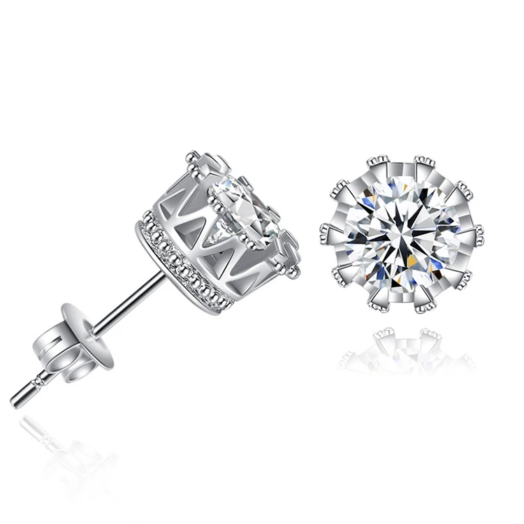 

Hot Sale Silver Round Stud Earrings Women Men Jewelry Crown Zircon Crystal Stud Earrings (KER110), Same as the picture