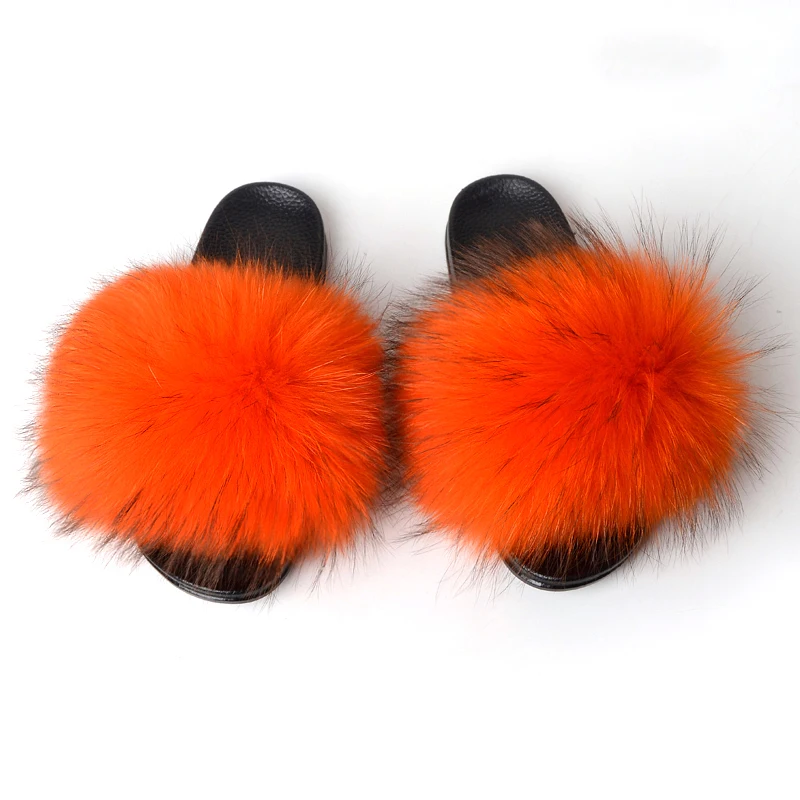 

Hot Sale Women Fashion Plush Furry Soft PVC Sole Real Orange Raccoon Fur Shoes Luxury Sandals Slippers Slides For Women, Customized color