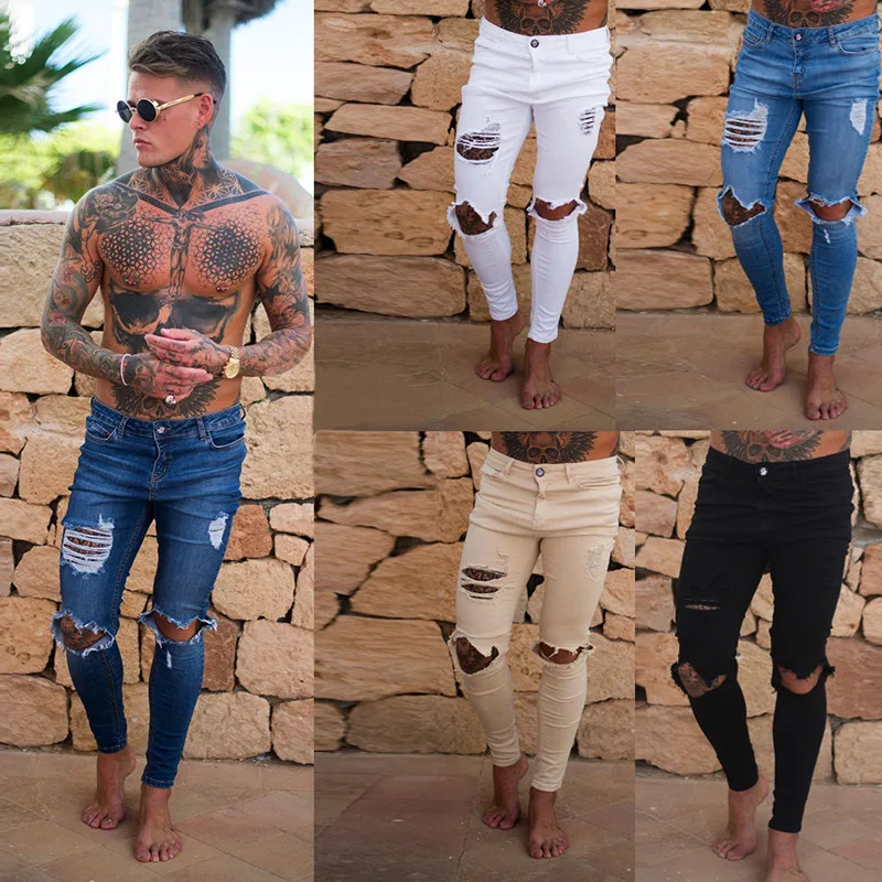 

men's HI street damaged elastic hiphop elastic men jeans hole male trousers strechy summer male pants drop shipping, Dark blue