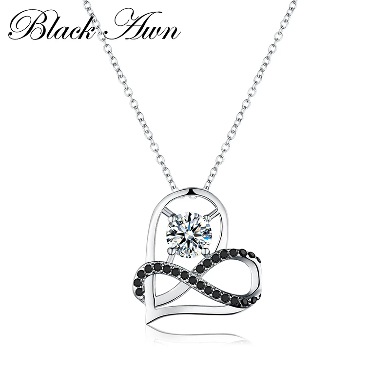 

[BLACK AWN] Fine Genuine 100% 925 Sterling Silver Necklace Women Jewelry Hiphop Heart Black&White Stone Necklaces Pendants P070