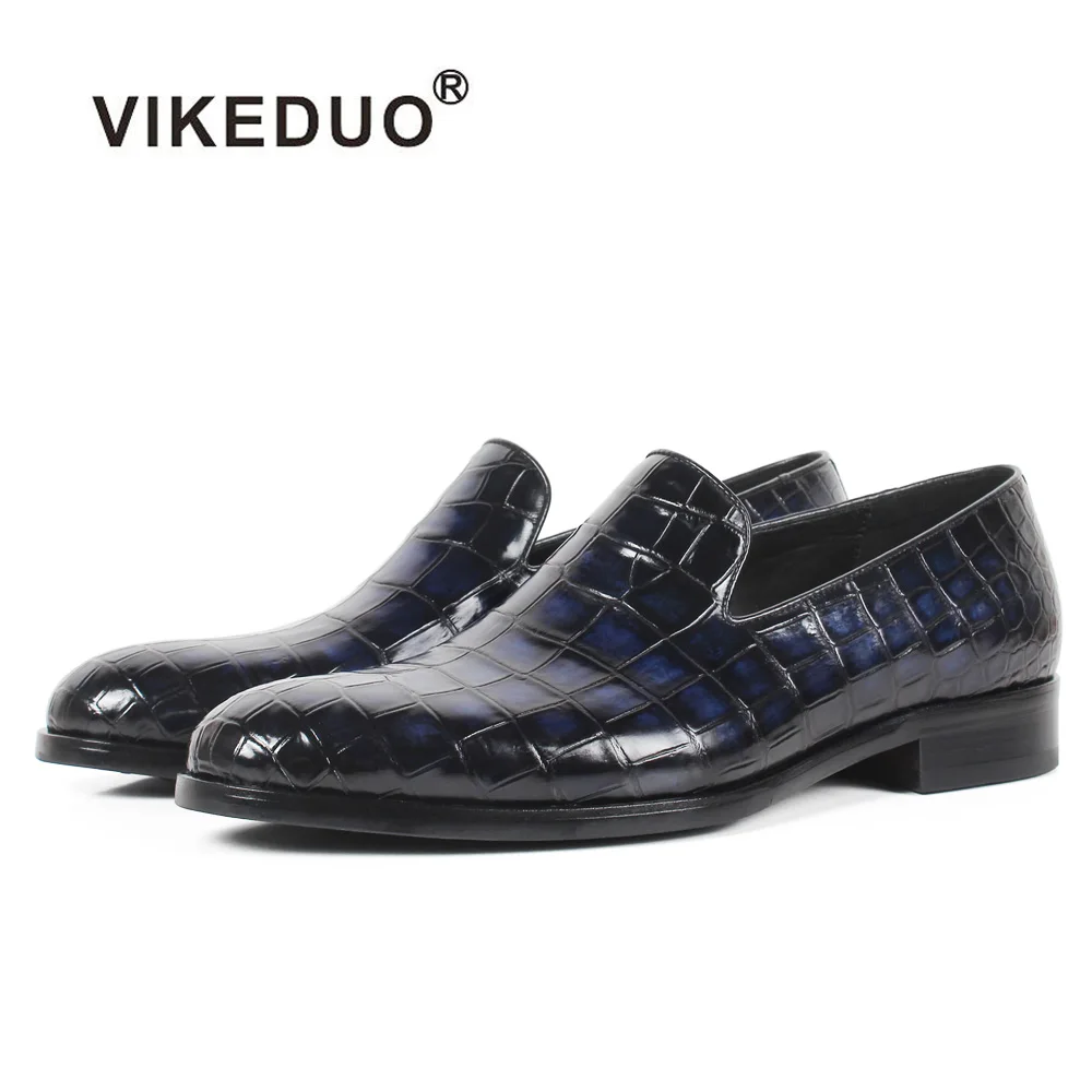 

VIKEDUO Hand Made Genuine Crocodile Croc Skin Smoking Slipper Popular Comfortable Men Special Genuine Leather Casual Shoes, Dark blue