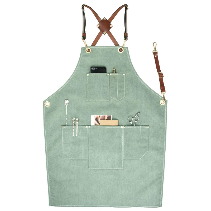 

Mens heavy duty canvas work aprons with leather cross back straps, Blue;pink;green;grey