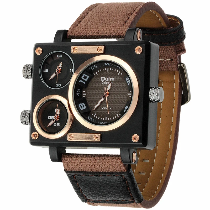 

Unique Design Retro Canvas Rectangle Big Dial 3 Time Zone Male Clock Quartz Luxury Men Military Oulm 3595 Wrist Watches relojes