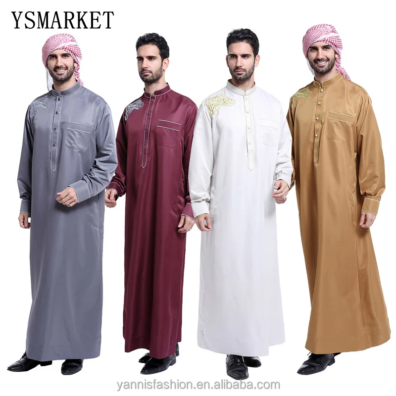 

Men's Round Neck Thobe with Long Sleeves Arab Muslim Wear Solid Saudi Arab Islamic Muslim Dubai Robe ETH804