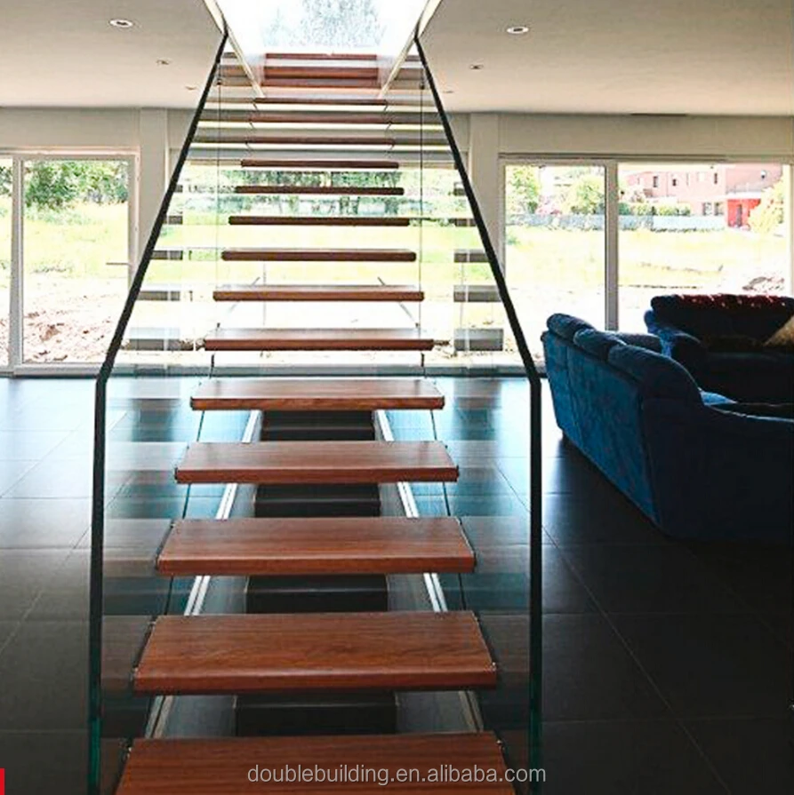 
interior wooden stairs steel mono stringer staircase with anti slip wood tread glass railing 