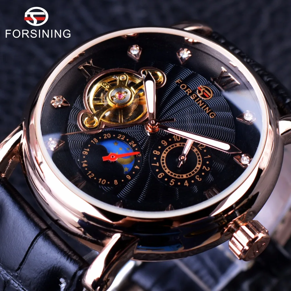 

Forsining 2019 Luxury Luminous Design Rose Golden Case Watches Men Wrist Top Brand Tourbillon Diamond Display Automatic Watch, 6-color