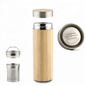 Leak-proof BPA-Free Wide Mouth Double Wall  Stainless Steel Bamboo Tumbler with Tea Infuser & Strainer