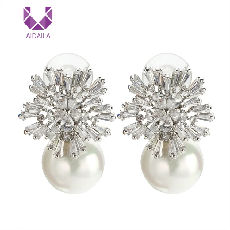 

AIDAILA Earring Supplier Wholesale Luxury Jewelry Zirconia Snowflake Women Big Pearl Stud Earrings, Picture shows