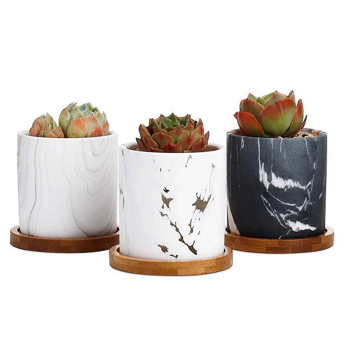 New Arrival Marble Design Ceramic Succulent Cactus Planter Flower Pots with Bamboo Tray for Home Decoration