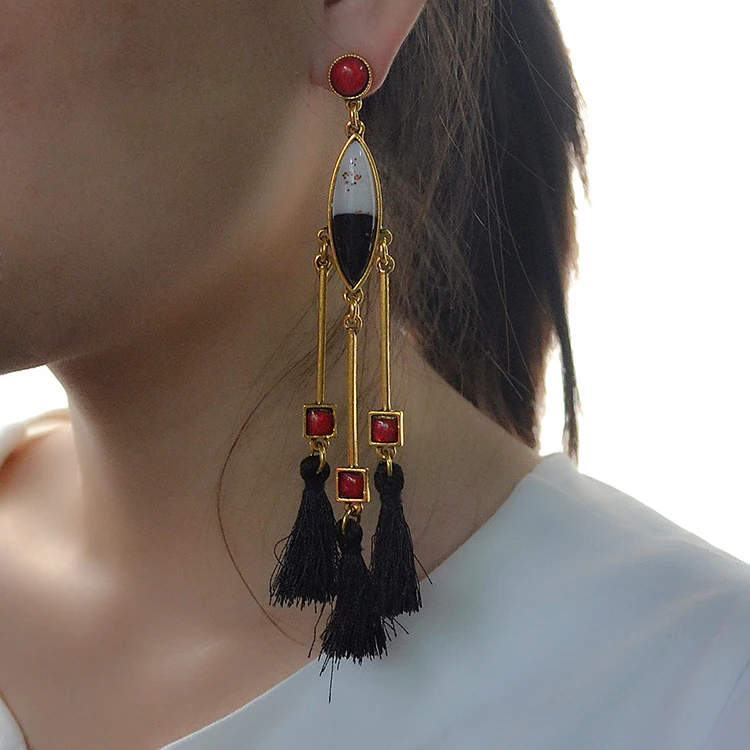 

Personalized Long Tassels Dazzle Colour Acrylic Gems Stud Earrings, Red,white