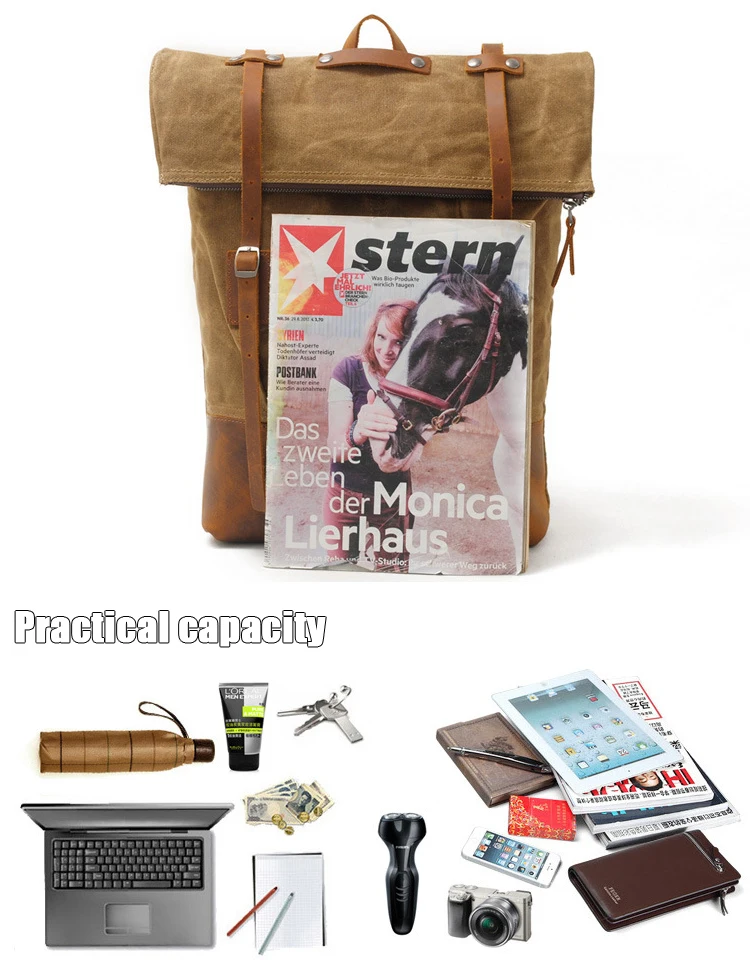 Outdoor design brand vintage water resistant unisex waxed canvas back pack satchel rucksack backpack bag with leather trim